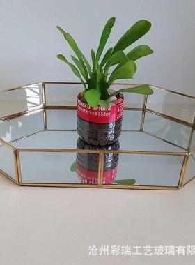 玻璃首饰珠宝收纳托盘几何玻璃花房黄铜化妆品置物盘甜品托盘