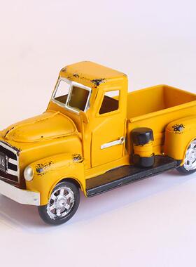 跨境创意新款复古黄色小卡车放花家居室内玄关铁艺工艺品摆件