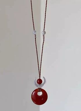 新中式红玛瑙平安扣月亮项链复