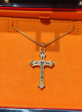 足金包银十字架项链女点钻蓝宝石