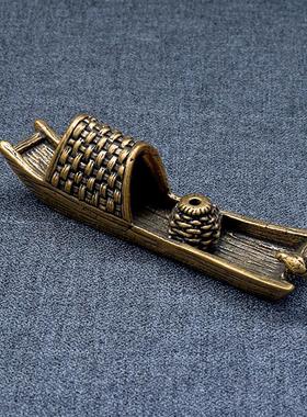 做旧黄铜乌篷船创意香插传统渔船桌面摆件茶宠古玩杂项老铜器