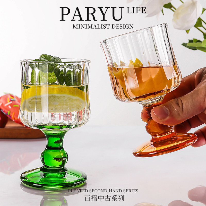 PARYU百褶啤酒杯中古杯复古高脚红酒杯玻璃水杯果汁果酒杯香槟杯,淘宝优惠券,粉丝福利购,淘宝优惠卷
