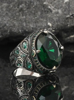 新款男款戒指欧美复古红宝石绿钻戒指 时尚个性指环男