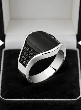 新款复古做旧黑石头戒指男潮经典宽面可调节个性潮单身戒
