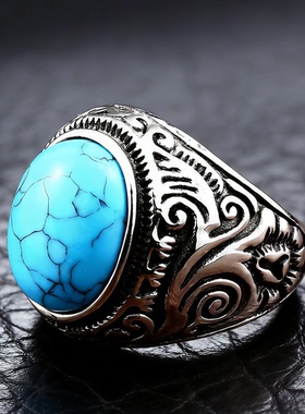 欧美个性复古绿松石裂纹百搭指环戒指街头潮流