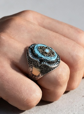 欧美复古个性时尚绿松石戒指男款戒子饰品指环高级