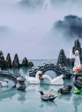 微景观仿真假山凉亭小桥天鹅摆件中式盆景茶桌树脂鸭子白鹅鸳鸯