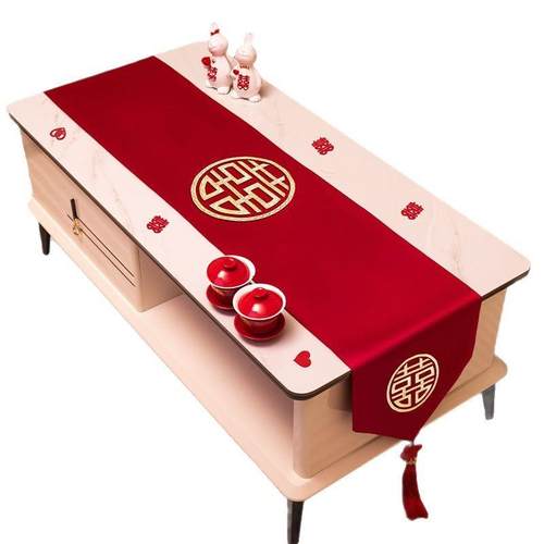 结婚喜庆桌旗国潮刺绣桌布红色茶几桌垫婚房布置装饰喜字餐桌喜品 - 图3