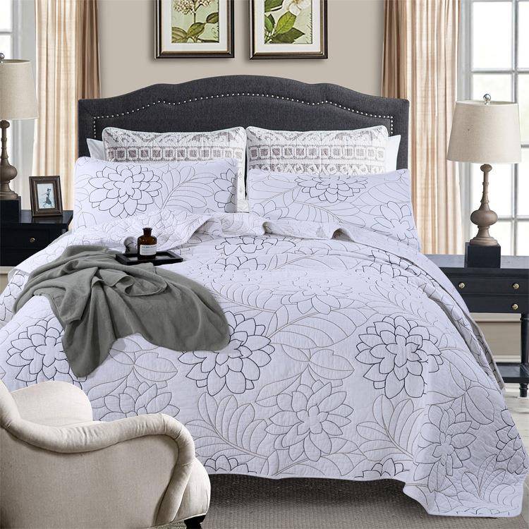 厂家出口简约素色绗缝棉被三件套人床966床盖春夏绣单花式质三件 - 图0