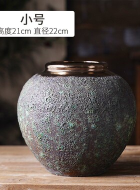 景德镇粗陶陶罐陶艺金色口干花花瓶客厅小清新花瓶复古插花摆件