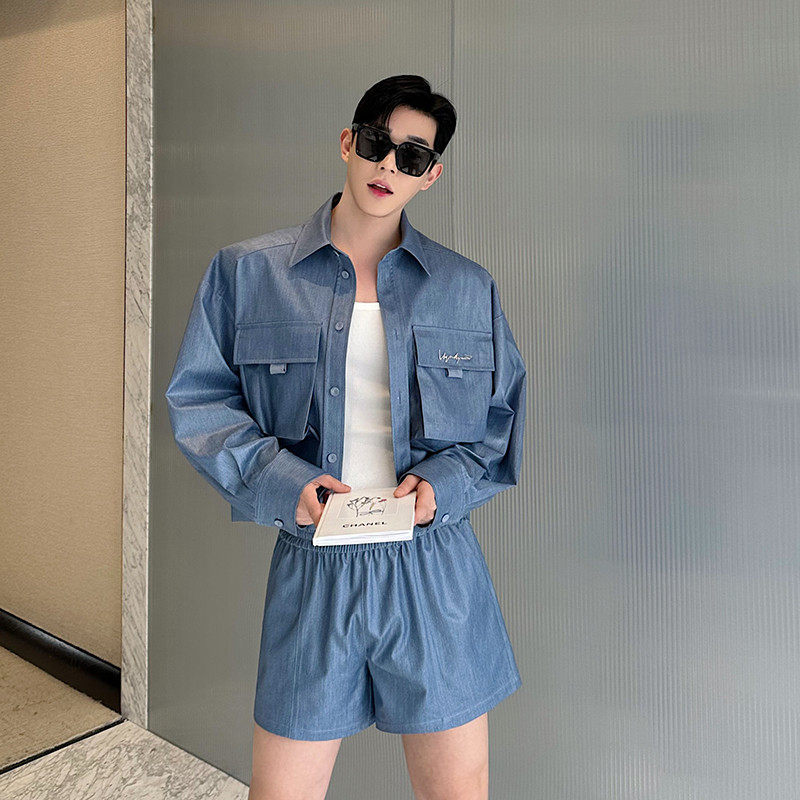 2024春夏设计感工装仿牛仔压膜立体口袋衬衣男套装韩版两件套,淘宝优惠券,粉丝福利购,淘宝优惠卷
