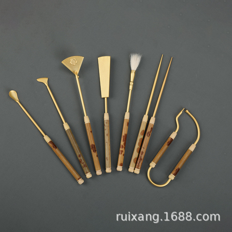 r706x湘妃竹子黄铜香道七件金/仿套装色香篆模香印工具器具香勺 - 图2
