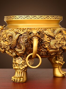 纯黄铜香炉九龙摆件客厅家用佛堂室内双龙香炉烧香熏炉特大号祠堂