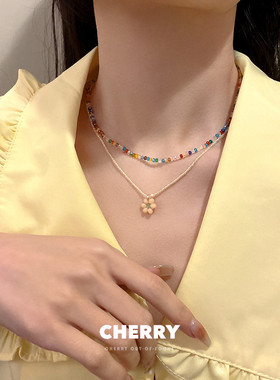 彩色水晶串珠花朵项链女多巴胺双层叠戴锁骨链小众配t恤颈链配饰