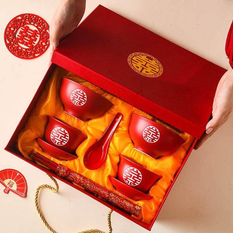 人高档喜碗礼品中式结婚勺新结婚哑光礼盒碗筷宫廷风红色高脚碗装,淘宝优惠券,粉丝福利购,淘宝优惠卷