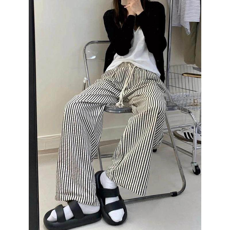 黑白竖条纹小个子夏季女大码休闲慵懒遛弯胖mm显瘦宽松阔腿裤,淘宝优惠券,粉丝福利购,淘宝优惠卷