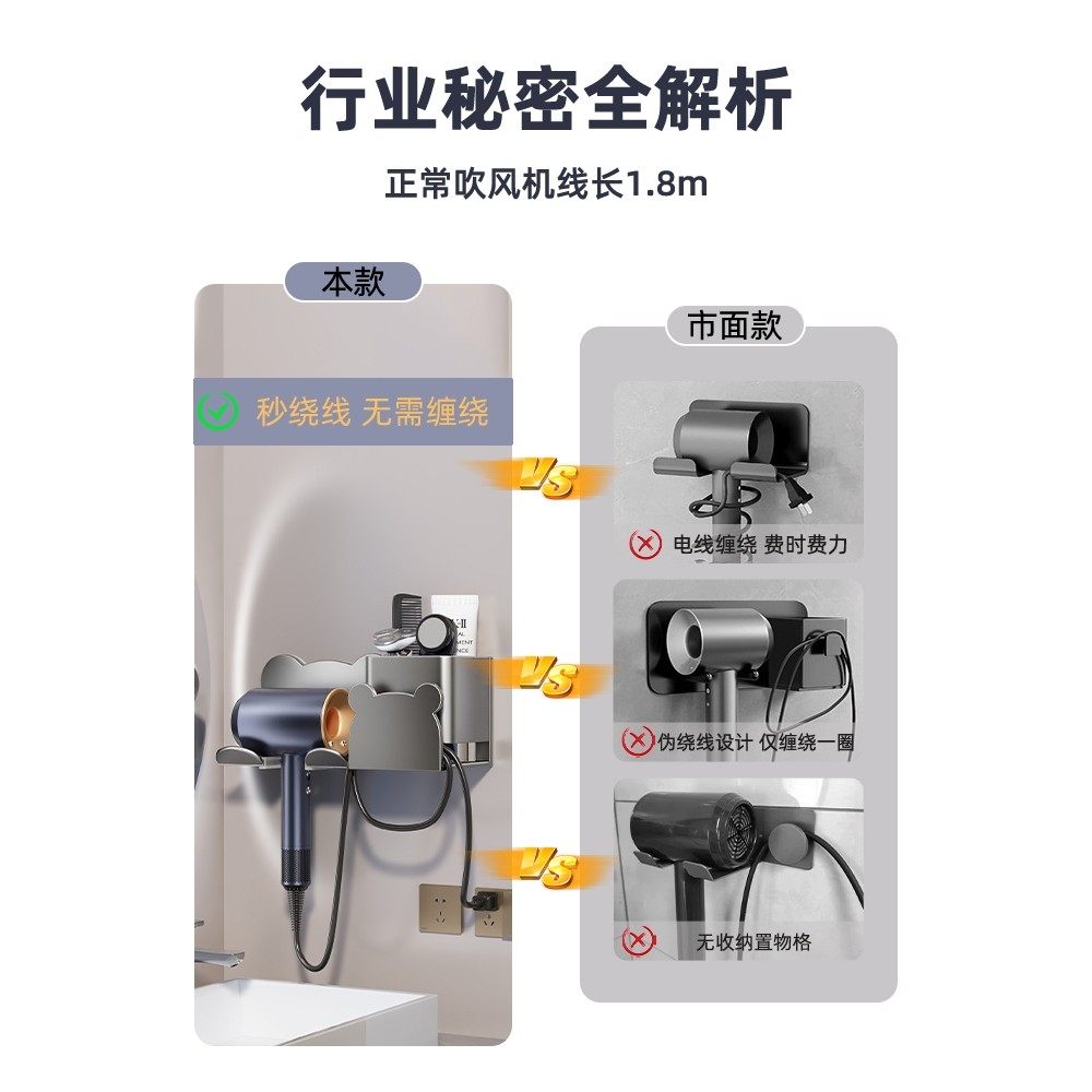 吹风机置物架免打孔卫生间收纳绕线电吹风挂架吹风筒支架浴室架子,淘宝优惠券,粉丝福利购,淘宝优惠卷