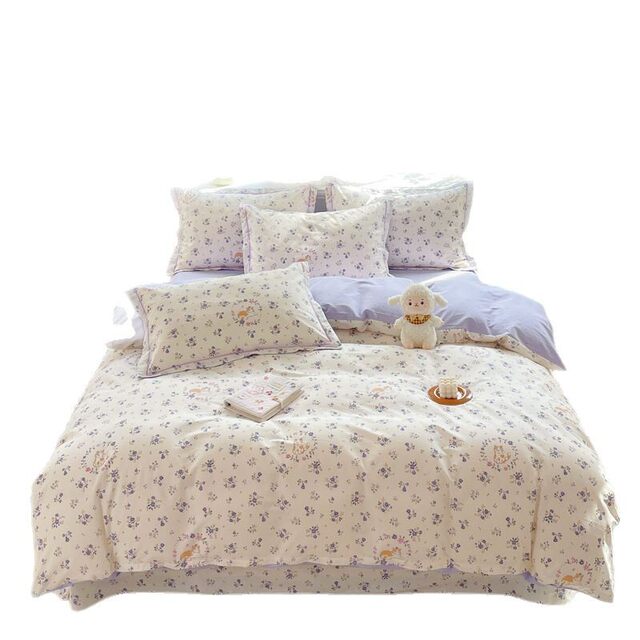 Small and fresh pure cotton four-piece set 60-piece cotton three-piece set dormitory quilt cover hanging edge bed sheet one-line show bedding