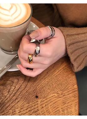 素金光圈戒指清冷风设计感时尚叠戴夸张几何食指戒指女日韩