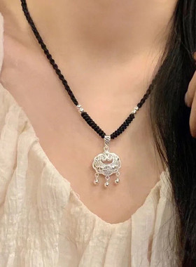 999纯银祥云平安锁项链女铃铛福字吊坠足银2025新款爆款生日礼物