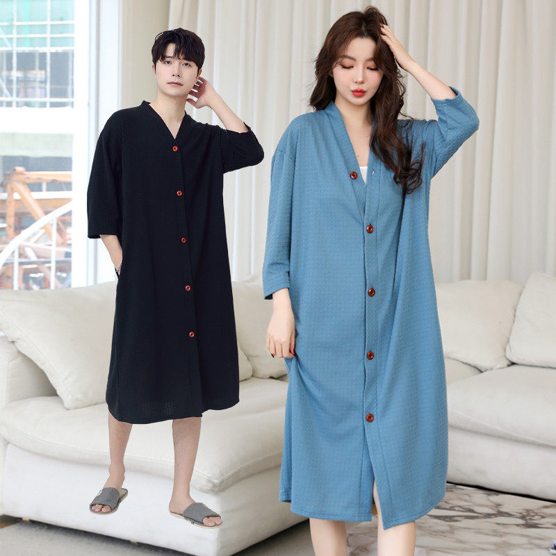 夏季吸水睡衣连体纽扣开衫睡裙男士浴衣裙薄款可裸穿浴袍春秋睡袍,淘宝优惠券,粉丝福利购,淘宝优惠卷