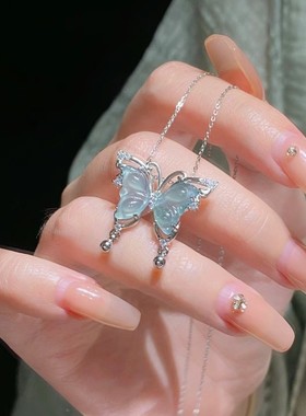 蓝翡翠蝴蝶项链女士纯银999新中式小众精致足银颈链新款2025爆款
