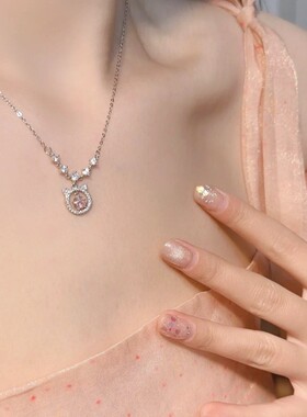 S999纯银粉色小猫咪锆石项链女轻奢小众甜美锁骨链送闺蜜生日礼物