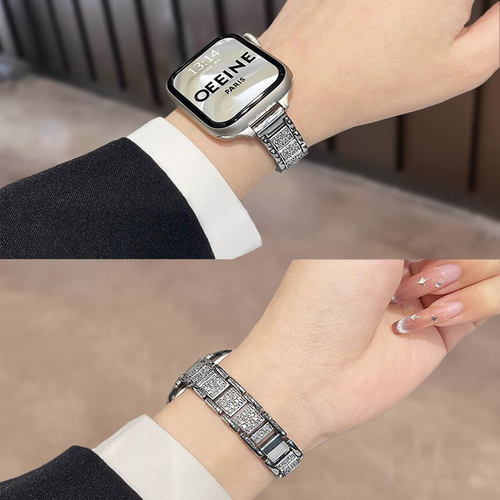 苹果手表表带s10轻奢感金属细边款满天星镶钻表链适用iwatch9/8/7 - 图0