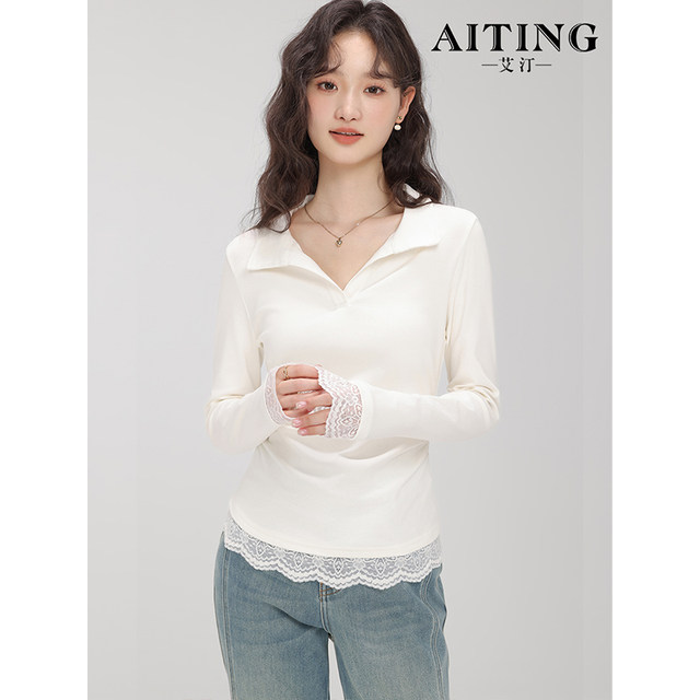 Polo collar slim long sleeve t-shirt for women with lace splicing
