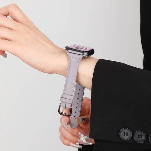 【牛皮】适用于applewatchs12苹果iwatch110真皮质9手表表带8女士新款SE纯色Ultra4紫色小蛮腰春秋高级感华为 - 图2