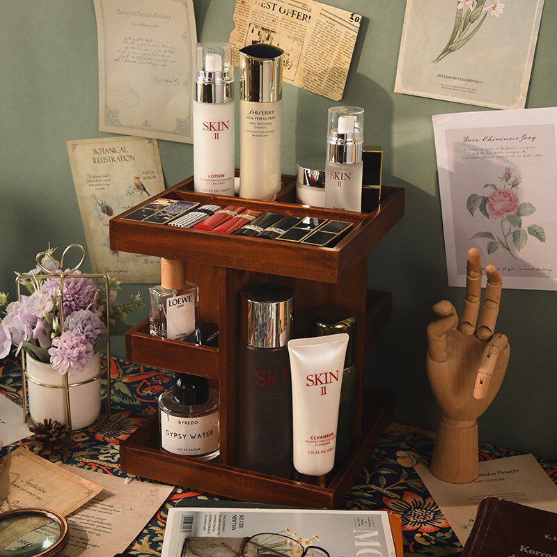 复古可旋转木质化妆品收纳盒桌面梳妆台护K肤品口红整理置物架分,淘宝优惠券,粉丝福利购,淘宝优惠卷