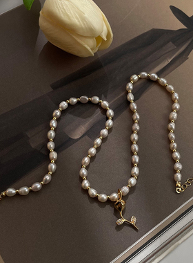 韩国天然淡水珍珠玫瑰花项链女百搭高级感轻奢气质小众设计锁骨链