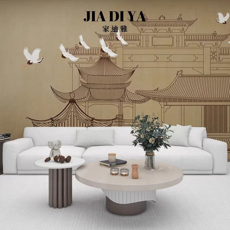 复古中式仙鹤壁画沙发背景墙楼阁古风壁纸客厅书房茶室卧室5D墙布,淘宝优惠券,粉丝福利购,淘宝优惠卷