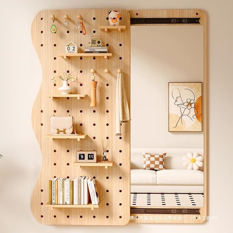 Solid wood hole board storage rack l Entry entrance hall clothes hanger dressing mirror integrated wall hanging free installation wall full body