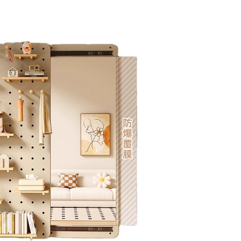 Solid wood hole board storage rack l Entry entrance hall clothes hanger dressing mirror integrated wall hanging free installation wall full body