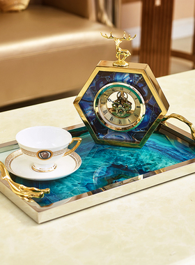欧式美式奢华蓝色玛瑙石图案装饰 家居客厅样板房茶.几收纳托盘