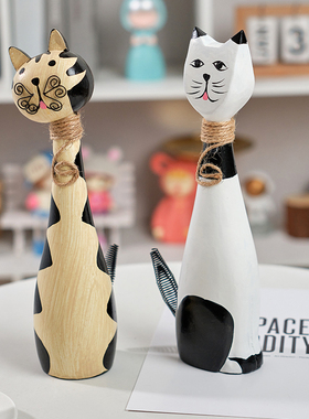 快速发货木质动物客厅手作猫咪鱼C鸡木雕家居办公室搁板装饰摆件