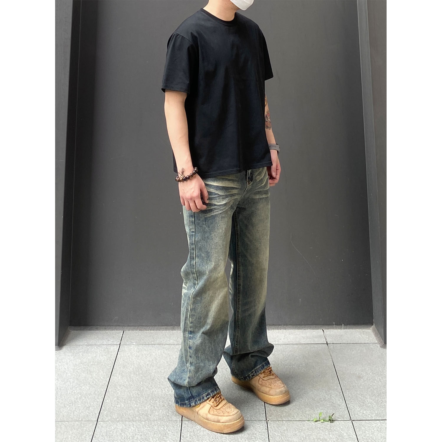 98SQUID 美式怀旧vintage水洗猫须牛仔裤男女宽松阔腿休闲长裤潮 - 图1