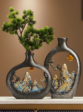 中式仿真b迎客松盆景屏风摆件客厅装饰品玄关柜办公室景观酒店造