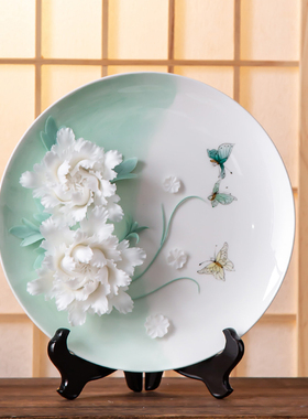 德化陶瓷手工手绘牡丹花挂盘艺术摆件客厅装饰工艺品乔迁新居礼品