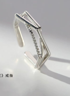 戒指女几何不规则铜镀银复古时尚双层滴釉食指指环气质ins开口戒