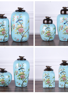 美式乡村花鸟陶瓷花n瓶储物罐家居软装饰品客厅玄关酒柜样板房摆