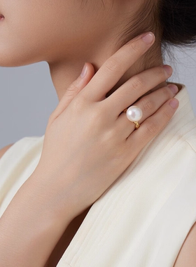 S925银镶嵌12-13mm近正圆淡水珍珠戒指活口女戒可调节日生日礼物