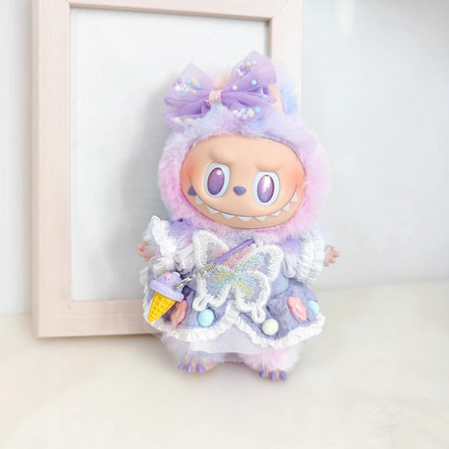 labubu3.0娃衣17cm拉布布衣服搪胶盲盒公仔挂件紫色蝴蝶结仙子裙 - 图0