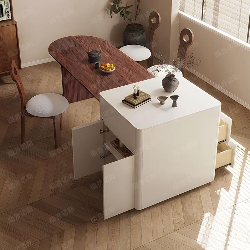现代简约岛台餐桌一体可伸缩小户型家用复古风胡桃木岩板中岛台 - 图0