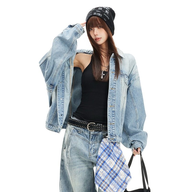 美式复古渐变牛仔外套女早春季新款翻领百搭宽松休闲夹克上衣男潮,淘宝优惠券,粉丝福利购,淘宝优惠卷