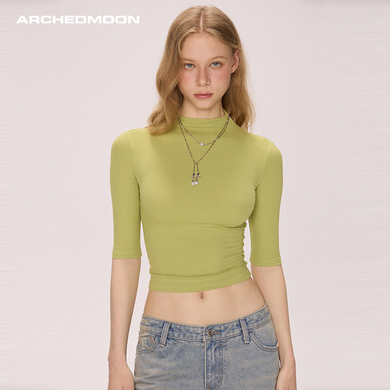 ARCHEDMOON 绿色高圆领正肩中袖t恤内搭打底修身短款辣妹上衣女春,淘宝优惠券,粉丝福利购,淘宝优惠卷