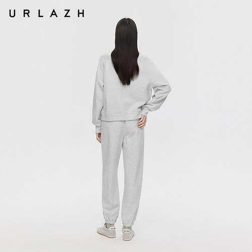 URLAZH有兰春季新款美式复古夹花灰圆领插肩袖印花烫钻宽松卫衣女 - 图3
