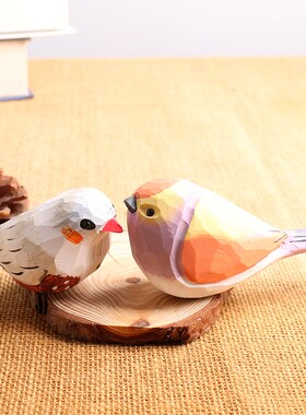 手工木头仿真小木雕鸟模型工艺品小摆件肥啾O创意客厅装饰品可爱