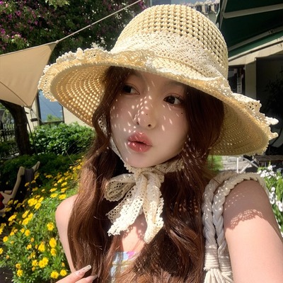 夏季防晒帽女子2025新款出游防紫外线大檐遮阳脸蝴蝶结太阳渔夫帽